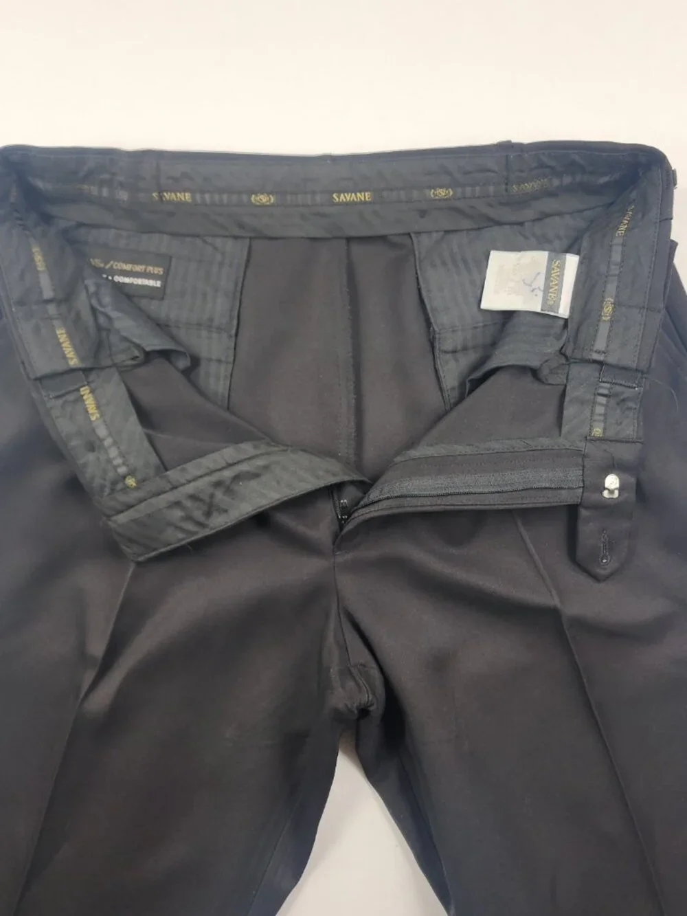 VTG Savane Mens 34x29 Black Comfort Plus Stretch Waist Pleated Dress Pants Flaw